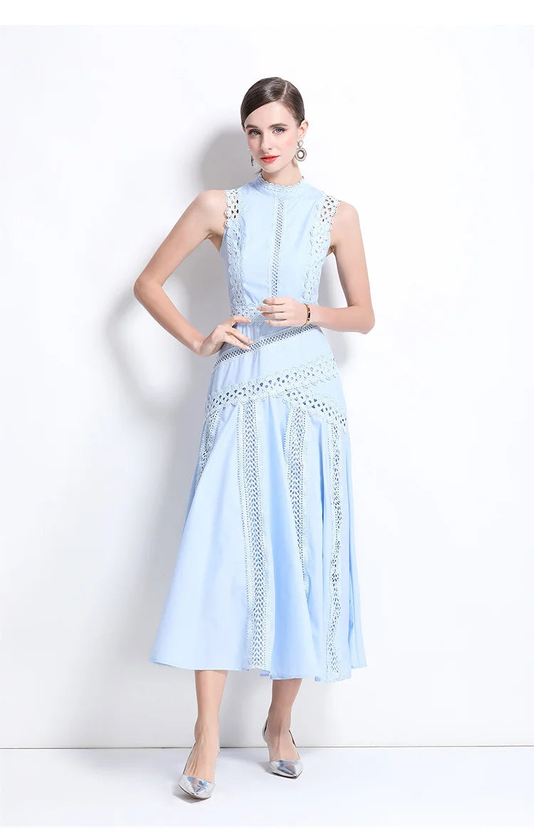 Chic Light Blue Lace-Detail Midi Dress