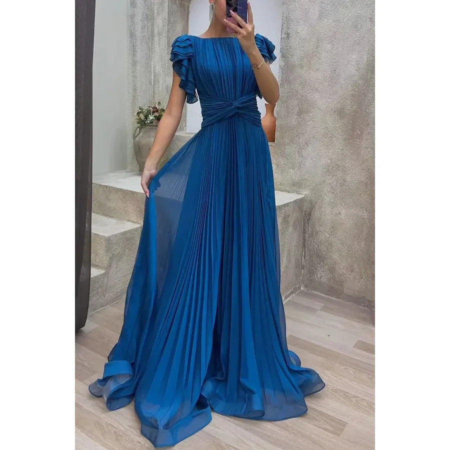 Stunning Blue Pleated Gown with Ruffle Sleeves