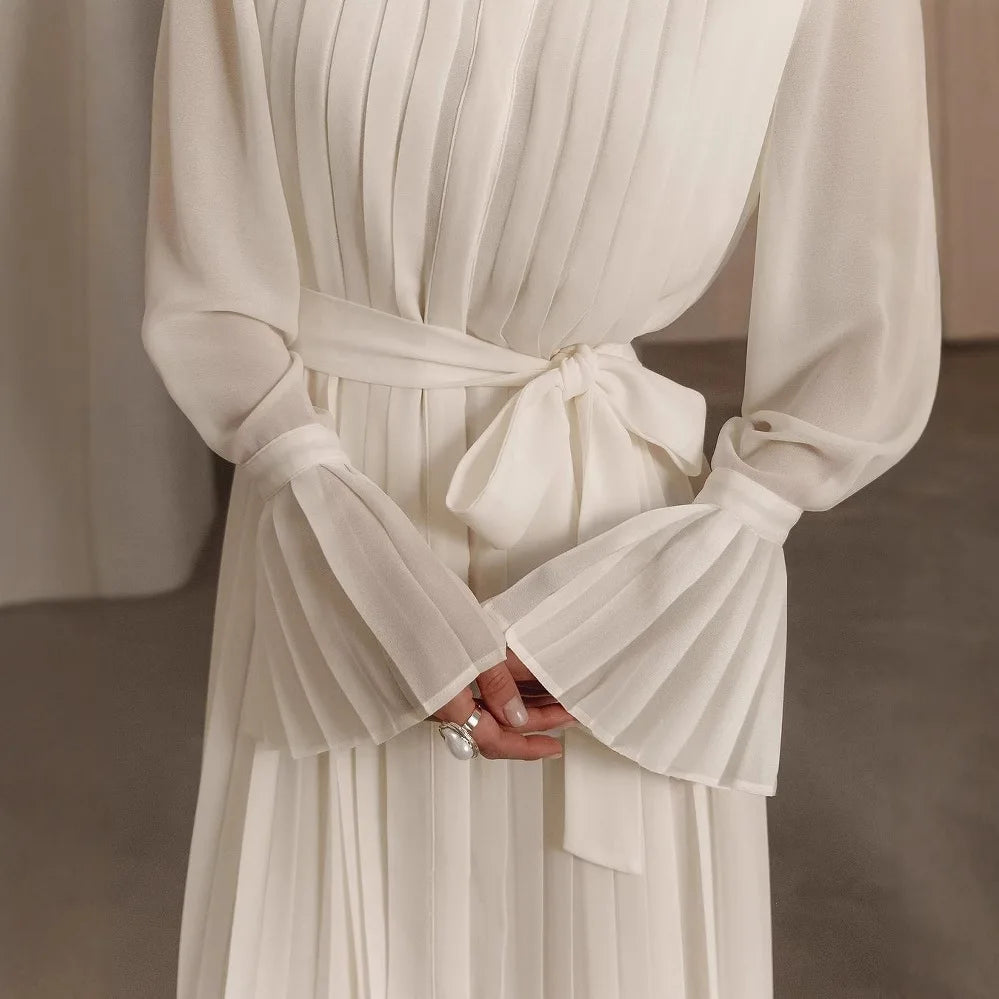 White Pleated Midi Dresses with Flare Sleeve