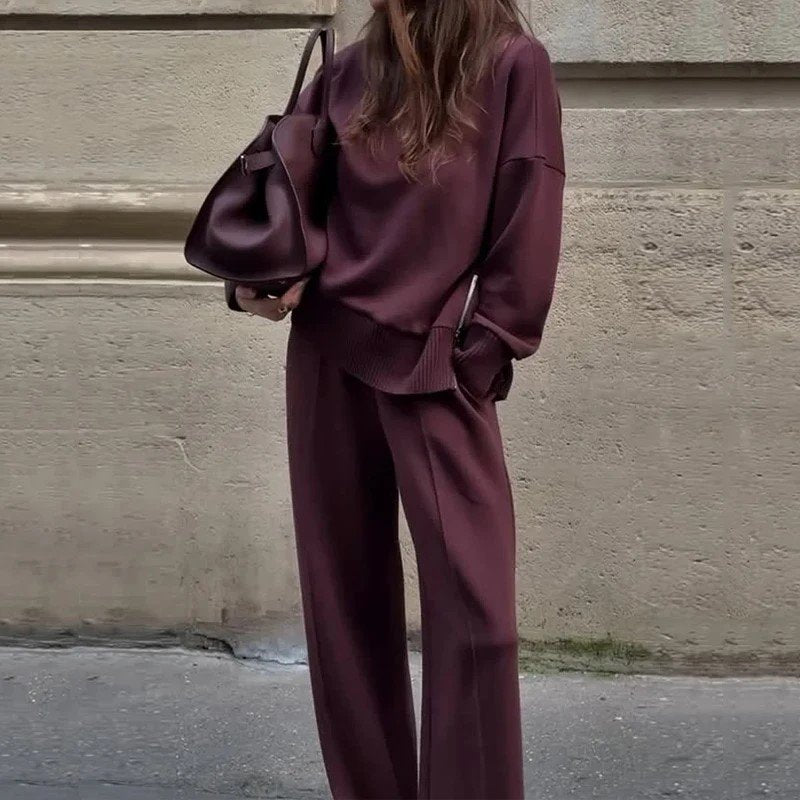 Elegant Comfort: Luxe Burgundy Sweater and Wide-Leg Pants Set