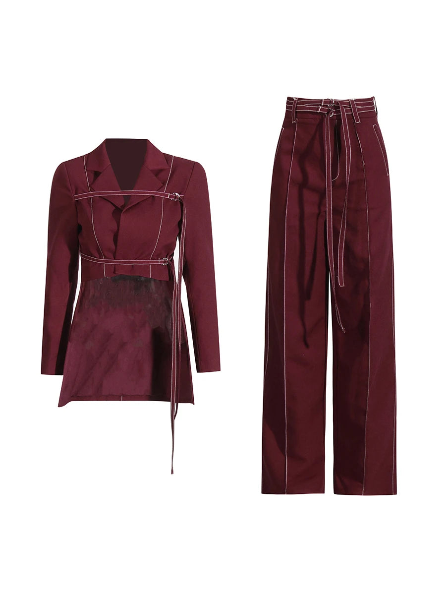 Chic Burgundy Statement Jacket & Wide-Leg Trouser Ensemble