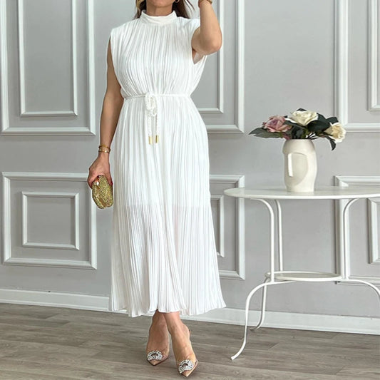 Elegant White Pleated Midi Dress