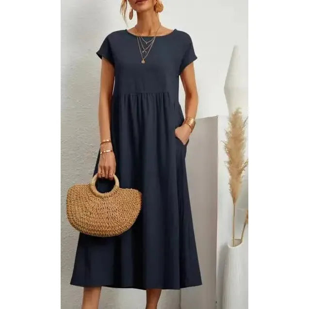 Summer New Short Sleeved Women's Dress With Loose Casual Pockets