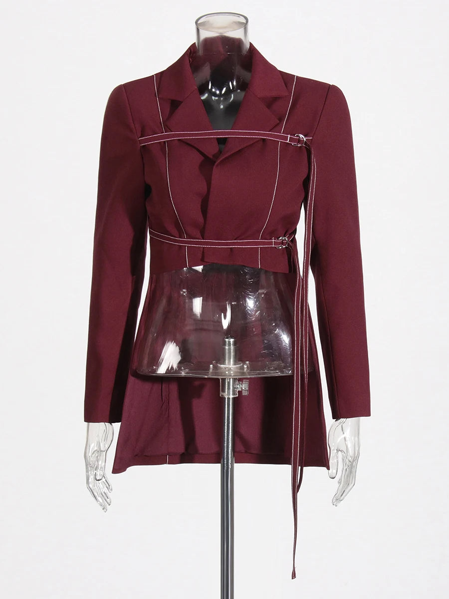 Chic Burgundy Statement Jacket & Wide-Leg Trouser Ensemble