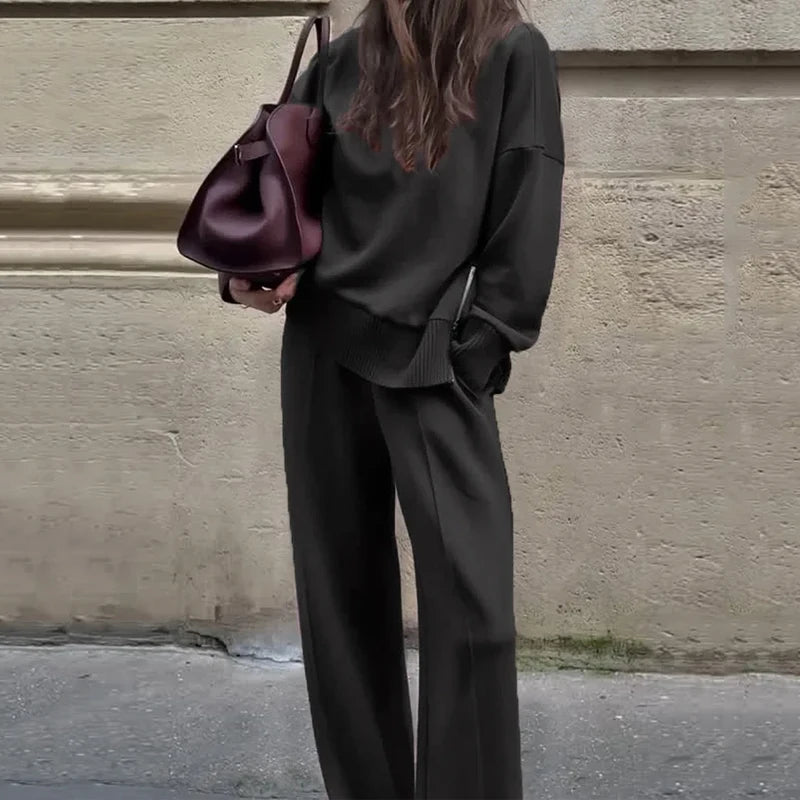 Elegant Comfort: Luxe Burgundy Sweater and Wide-Leg Pants Set