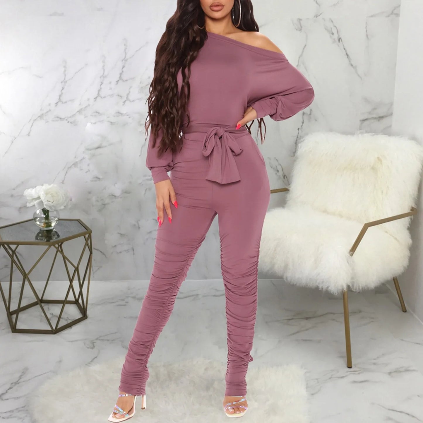 Bold & Beautiful: Chic Off-Shoulder Jumpsuit in Soft Mauve