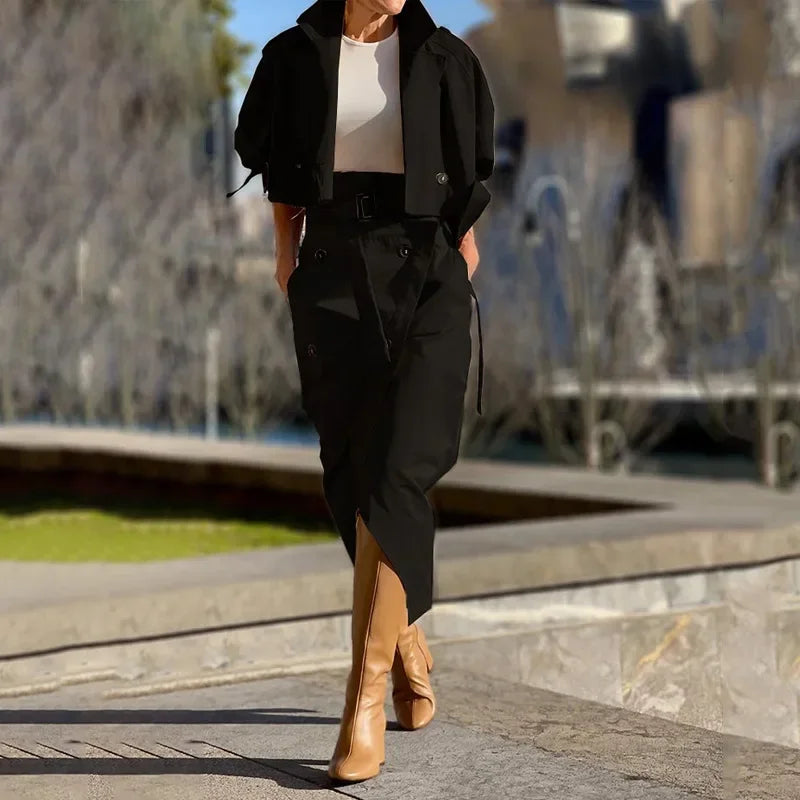 Elegant Beige Cropped Jacket and High-Slit Skirt Ensemble