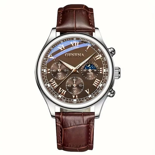 Elegant Brown Leather Chronograph Watch with Tachymeter