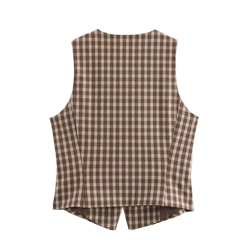 Chic Brown Checked Vest and Mini Skirt Set