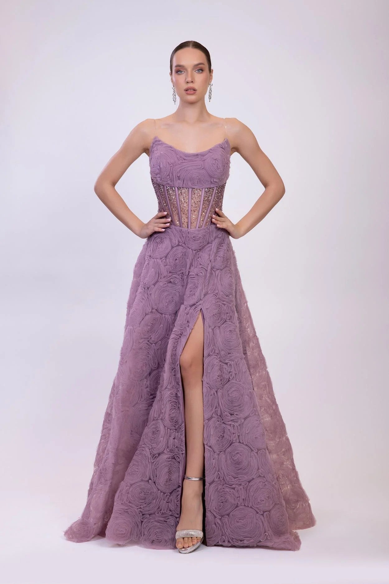 Lavender Floral Corset Evening Gown